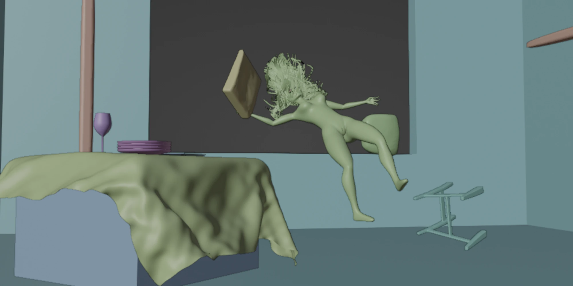 Girl in trance floating in the middle of a room